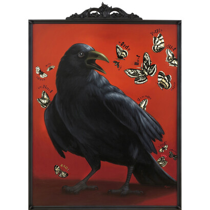 Laws of Attraction XL, 2014, Oil and collage on wood; Artist-made frame with metal insects, 65.25 x 47.75 inches; 165.73 x 121.28 cm, Signed LR