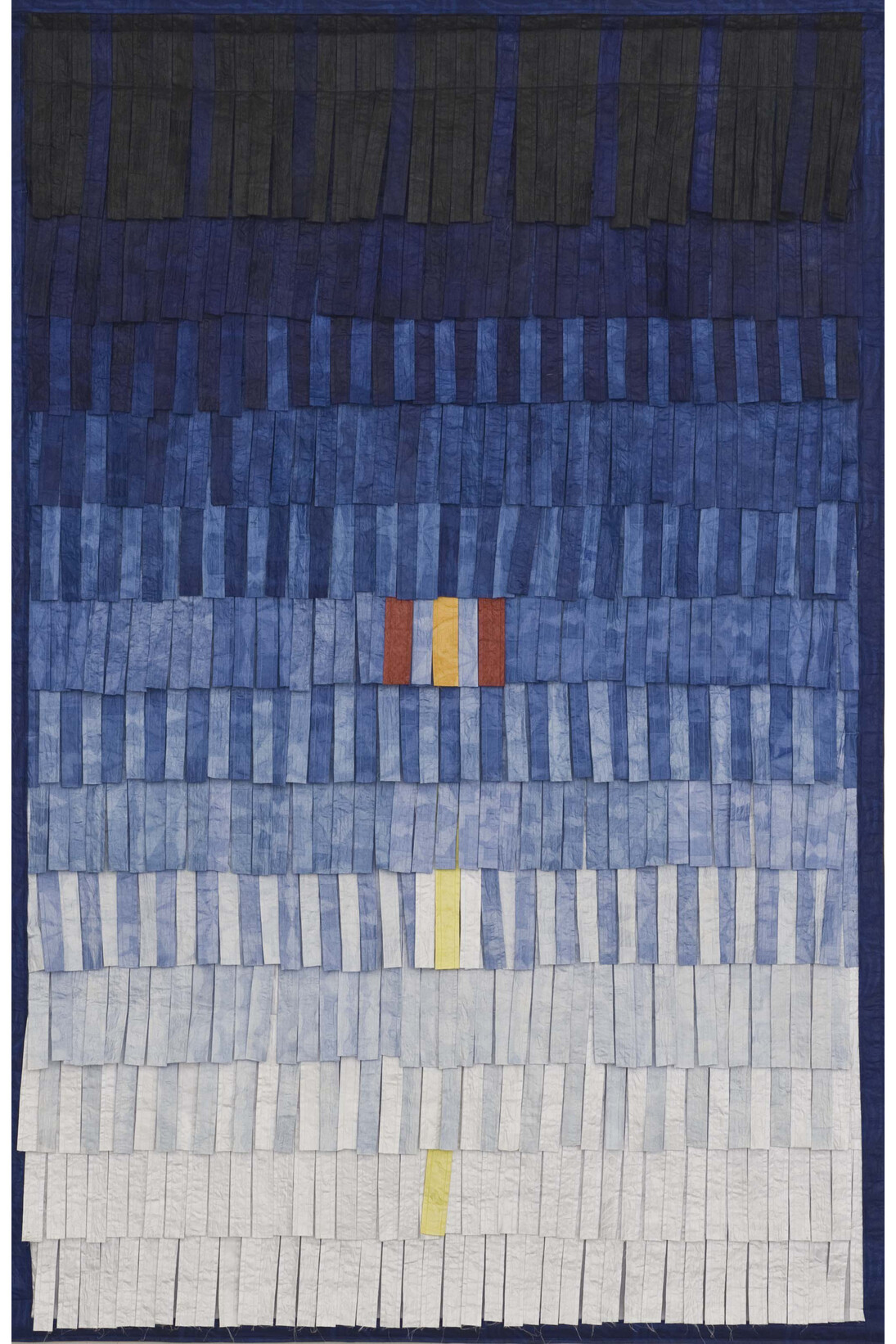 Abdoulaye Konaté, Composition: No. 15 (Bleu-Jaune), 2014, Textile, 206 x 134 cm / (81⅛ x 52¾ in) © the artist, Image Courtesy of the Artist and Blain|Southern, Photographer: Christian Gläser, 2015