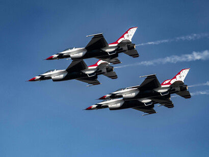 F-16 fighter jets flown by the U.S. Air Force Thunderbirds aerobatic team