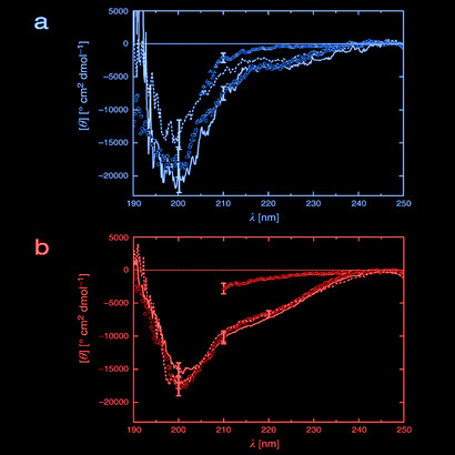 Spectra of proteins 'NBP1' (a) and 'NBP127' (b). Continued lines: native proteins; dashed lines: proteins at 60 °C; empty triangles proteins in 6M urea; empty circles: proteins refolded after 12 hours. (From Chiarabelli et al., 2006, Part I and II).