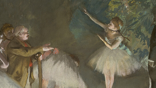 Edgar Degas, French (1834-1917). Rehearsal of the Ballet, ca.1876. Gouache and pastel over monotype on paper, 21 3/4 x 26 3/4 inches. Purchase: the Kenneth A. and Helen F. Spencer Foundation Acquisition Fund, F73-30.