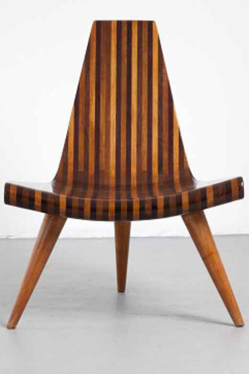 Joaquim Tenreiro (Brazilian, 1906-92) Three-legged chair, ca. 1947 Wood 27.5 x 22 x 24 in. Collection R & Company, New York