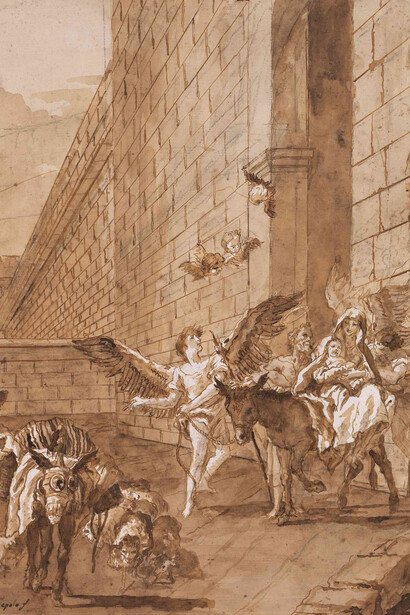 Giandomenico Tiepolo, The Flight into Egypt (?), Pen and ink with wash on paper
