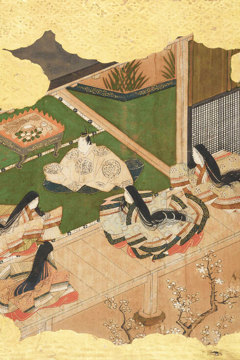 Episodio de El cuento de Genji por un pintor japonés anónimo, siglos XVII-XVIII, tinta, color y oro sobre papel