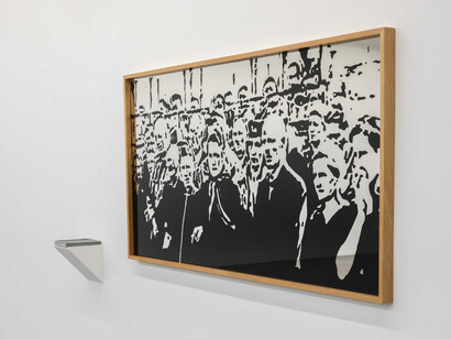 Gil Yefman, Third Party, 2020, sandblasted mirror, beech frame, archival document,
110x35 inches. Courtesy of Shoshana Wayne Gallery, Los Angeles
