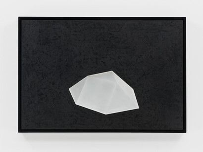 Josiah Mcelheny, Projection into Another Future (Sphenomegacorona), 2023. Flashe paint on board with inset hand cut, polished, and ground geometric glass shape, mirror, wood clamping system, felt, frame, 27 3/8 x 39 1/2 x 2 3/8 in. Courtesy of James Cohan Gallery