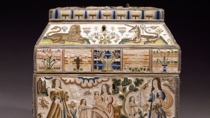 Martha Edlin's embroidered casket, 1671, England. Museum no. T.432-1990. © Victoria and Albert Museum, London