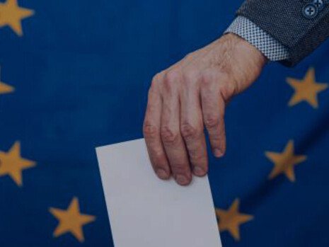 EU election ballot box with voters, featuring the EU flag in the backdrop