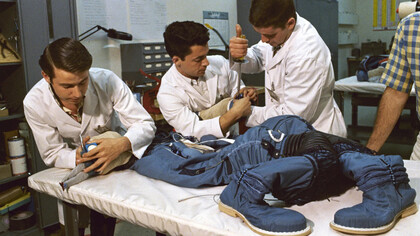 Employees of ILC Industries work on inner pressure suits during the assembly of a spacesuit
to be used in NASA’s Apollo space program, Dover, Delaware, 1968. Photo: Ralph
Morse/The LIFE Picture Collection/Getty Images