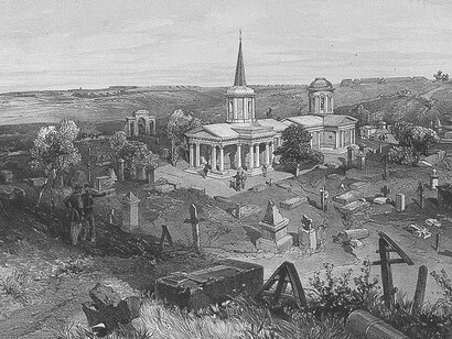 Crimean War: quarantine cemetery and church with a French battery. Tinted lithograph by J. Needham, 1856, after W. Simpson