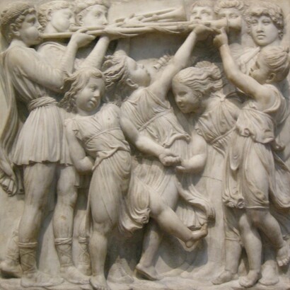 Luca della Robbia, Cantoria, 1431-38. "Laudate eum in suono tubae" 
(Lodatelo col suono della tromba). Museo dell'Opera del Duomo, Firenze, Italia