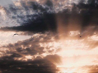 Raios de sol atravessam as nuvens durante o entardecer enquanto pássaros cruzam o céu. Entre luz e sombra, a realidade também pode assumir diferentes formas conforme o olhar que tenta apreendê-la