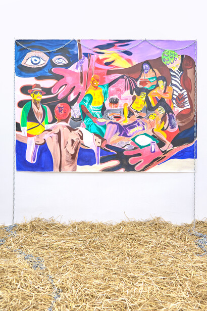 Nicholas Grafia, Babaylan Baller, 2019, acrylic on canvas, metal chains, 230 x 165 cm, 90 1/2 x 65 in. Courtesy of KOENIG2. Photo by Philipp Friedrich
