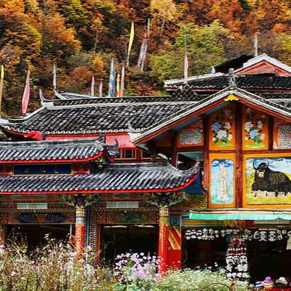 El pueblo tibetano y por otra parte el pueblo uigur en China nada tienen que ver con la mayoría de los reinos que conformaron o actualmente conforman China. Parte de un banner. Aldea Shuzheng, en el valle Shuzheng del Parque Nacional Jiuzhaigou, Sichuan, China.