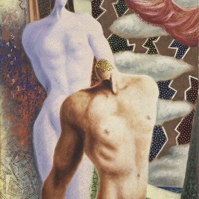 Alberto Savinio, Les Dioscures, 1929,                                                 
olio su tela, 65 x 54 cm, Milano, collezione Prada, Courtesy Farsettiarte, Prato 
 © Alberto Savinio by SIAE 2021
