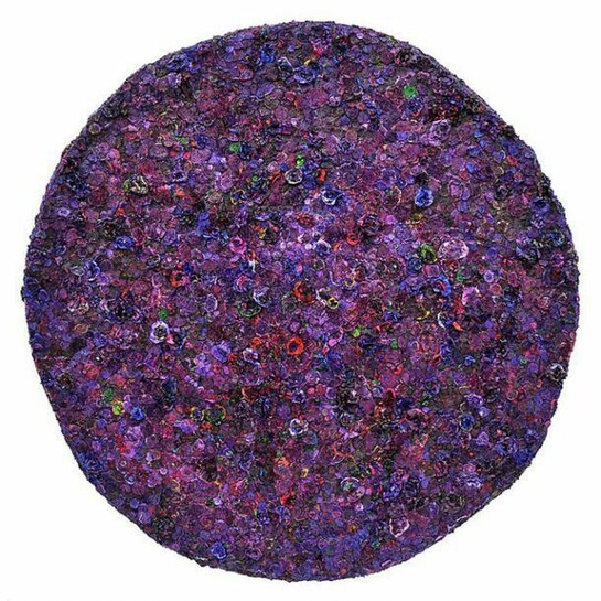 Jane Lee, Juju, 2013, dry acrylic paint, acrylic heavy gel on fiberglass base canvas, 43 inches in diameter. Image courtesy of Sundaram Tagore Gallery