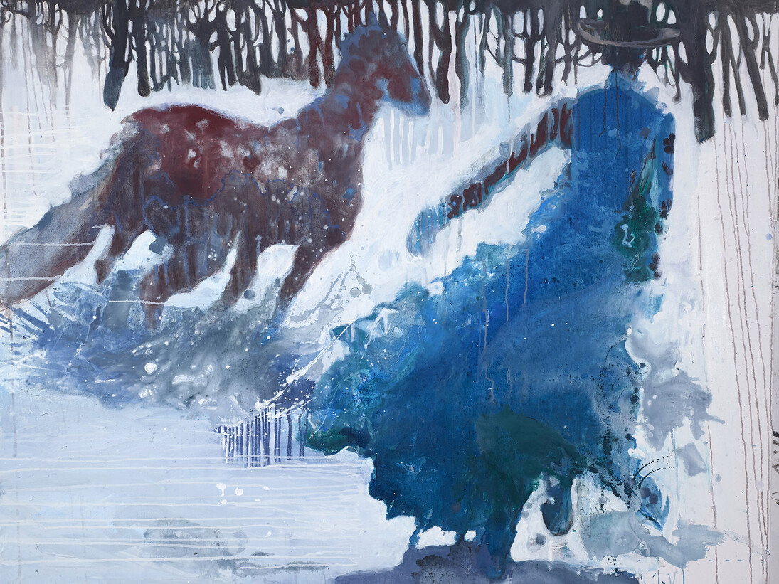 Eugenie Vronskaya, Escape, Snow (Blue Coat Top Hat), oil on canvas, 49¼ x 61 inches, 125 x 155 cms
