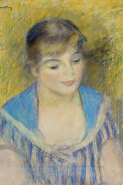 PIERRE-AUGUSTE RENOIR, BUST OF A WOMAN, ABOUT 1885.
Pastel on paper laid on board. Isabelle and Scott Black Collection. Photo by Meyersphoto.com. Courtesy, Portland Museum of Art, Maine.
