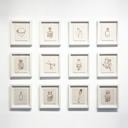Monica Lundy, From the Hospital Pharmacy of Santa Maria della Pietà, 2019, burned drawing on Fabriano paper, 12x10 inches each (framed). Courtesy of the artist and Nancy Toomey Gallery