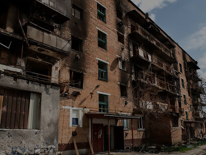 Side view demolished building Russian's war in Ukraine