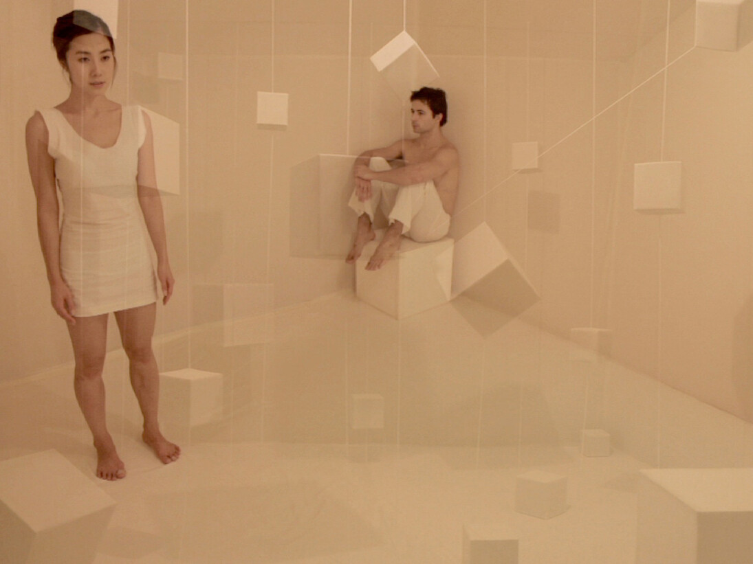 Bongsu Park, CUBE, 2011, twin screen HD video - Cube performance (left), Cube room (right)3'00'', Editions of 3, 2 AP