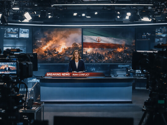 A wide view of a live newsroom captures the production of breaking news, where media, technology, and real-time imagery shape how conflict is communicated and understood