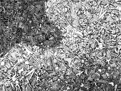 Ava McDonough, The Exile’s Return (detail), 2023. Ink, paper, and acrylic on panel, 60 x 120 in. (152.4 x 304.8 cm). Courtesy of Lowell Ryan Projects