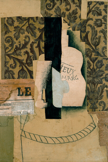 Pablo Picasso, Nature morte,
bouteille et verre, 1913, collage,
charcoal and oil on canvas,
Kunstsammlung Nordrhein-Westfalen,
Düsseldorf, Purchase 1965
© Picasso Estate / SODRAC (2016)
Photo: Walter Klein, Düsseldorf