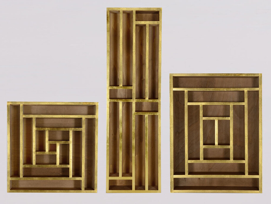Daniel Dezeuze, Icône 1,2,3, 2013, wood, gold leaf, 50 x 50 x 7 cm (in.), 100 x 30 x 7 cm, 65 x 50 x 7 cm, Courtesy Galerie Daniel Templon