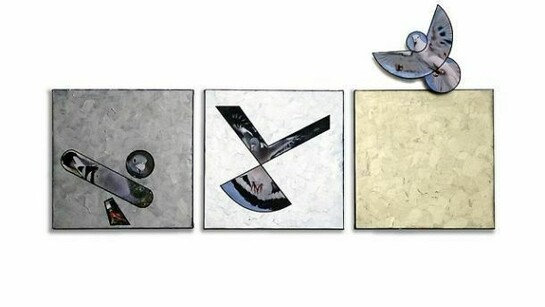 Susan Weil, Escape, 2013, acrylic, inkjet on canvas & masonite, 28.5 x 57 x 3.5 inches