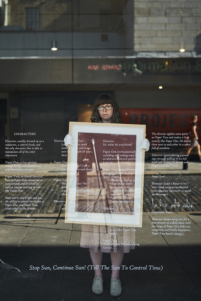 Stop, Sun! Continue, Sun!, Dina Danish, 2010, oil on paper, sun on paper. Performed at Project Arts Centre’s window by Emer Lynch. The Centre For Dying On Stage #1, Project Arts Centre, Dublin, 2014