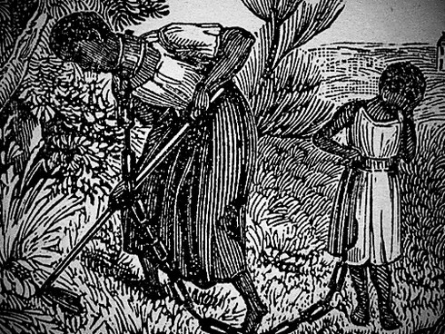 "A woman chained to a girl, and a man in irons at work in the field: illustration of the American anti-slavery almanac for 1840