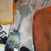 Ashley Sauder Miller. Lose, Lose Yourself, 2017. Acrylic, oil, oil pastel, balsa wood, vintage quilt, vintage run on panel. 16