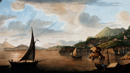 Lacco (Lacco Ameno), isola di Ischia (Italia), composta da tufo vulcanico, con altre isole sollevate da eruzioni vulcaniche, vista al tramonto, di Pietro Fabris (1776)