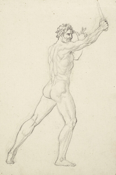 José de Madrazo y Agudo, Estudio de desnudo masculino de perfil con un puñal en alto para La muerte de Viriato, hacia 1807. Cortesía del Museo del Prado