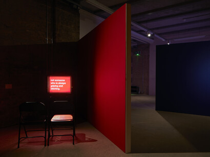 Installation view of Tony Cokes, Evil.66.1, 2016 at Goldsmiths CCA. Courtesy the artist, Greene Naftali, New York, US, Hannah Hoffman, Los Angeles, US, and Electronic Arts Intermix, New York, US. Photographer Andy Stagg