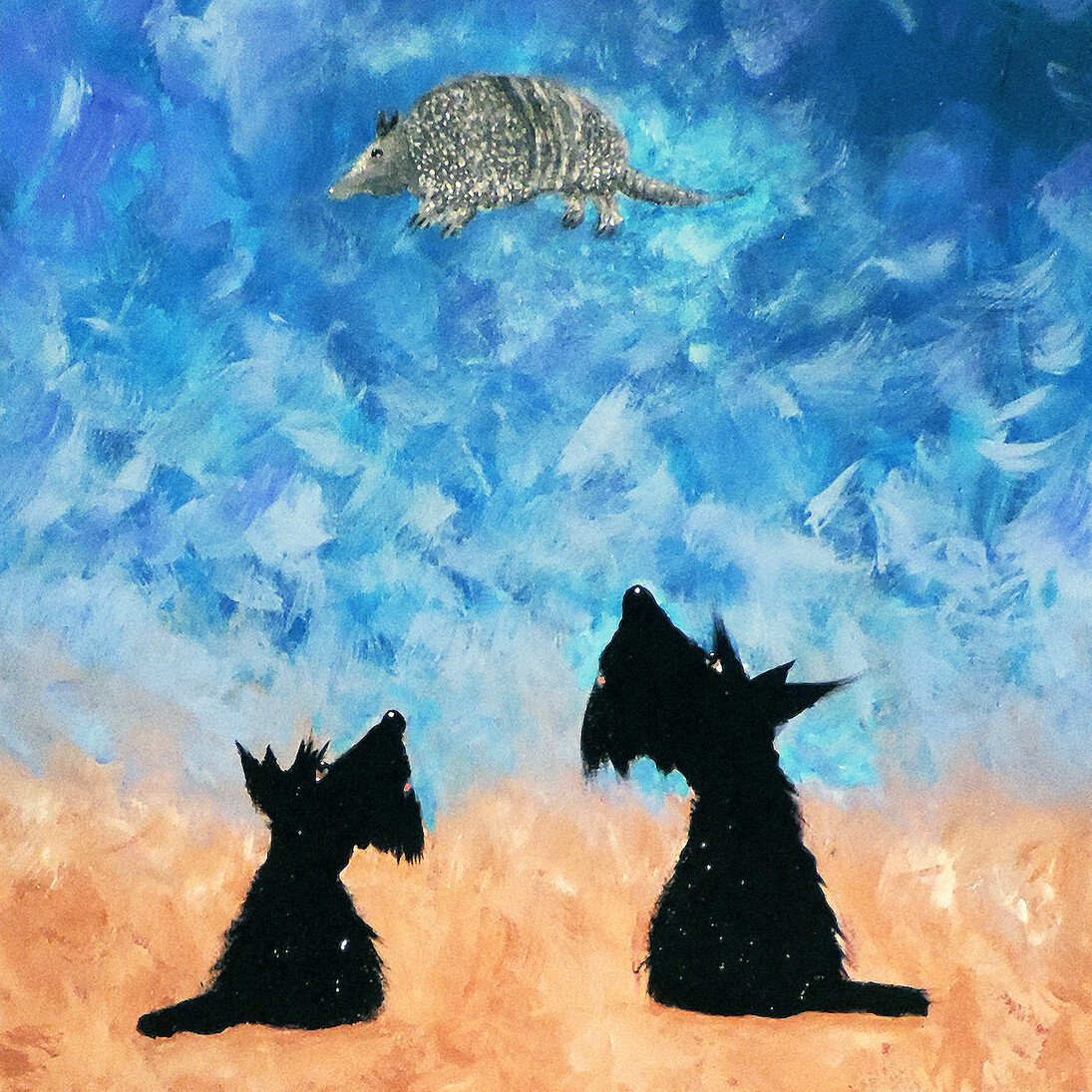 Michael McWillie, Scots with Armadillo, 20” x 16”, Acrylic on Board, Courtesy of Agora Gallery 