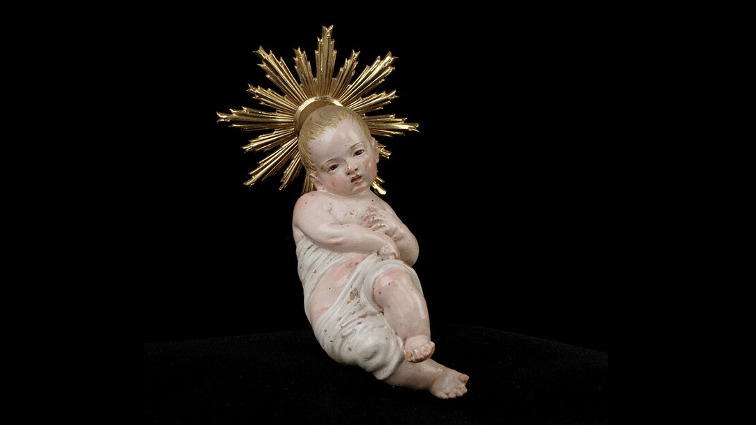 Maker:Attributed to Giuseppe Sanmartino (Italian, 1720–1793)
Date:second half 18th century
Culture:Italian, Naples
Medium:Polychromed terracotta, charred wood and rope, silver-gilt halo
Dimensions:a) Gr. L. 3 7/8 in. (9.8 cm)
b) Gr. L. 6 1/4 in. (15.9 cm)
c) Diam. 2 1/2 in. (6.4 cm)
Classification:Crèche
Credit Line:Gift of Loretta Hines Howard, 1964
