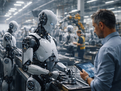 Humanoid robots and human workers collaborate on a modern factory floor, reflecting the emergence of hybrid workplaces in the age of physical AI