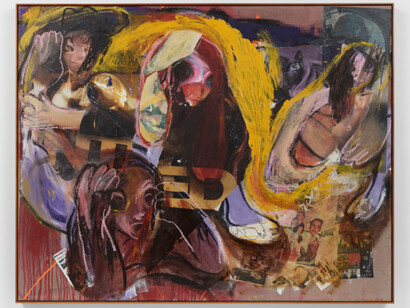 Rita Ackermann, Dos and Donts Nurses (United), 2009, mixed media, acrylic, oil, and printed paper on canvas, 67.5x85.5 inches, © Rita Ackermann, courtesy the artist and Hauser & Wirth. Courtesy of Nahmad Contemporary, NYC