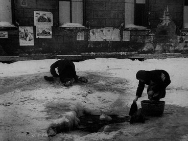 Women washing clothes on the streets of Leningrad during the harsh winter of the siege, Soviet Union