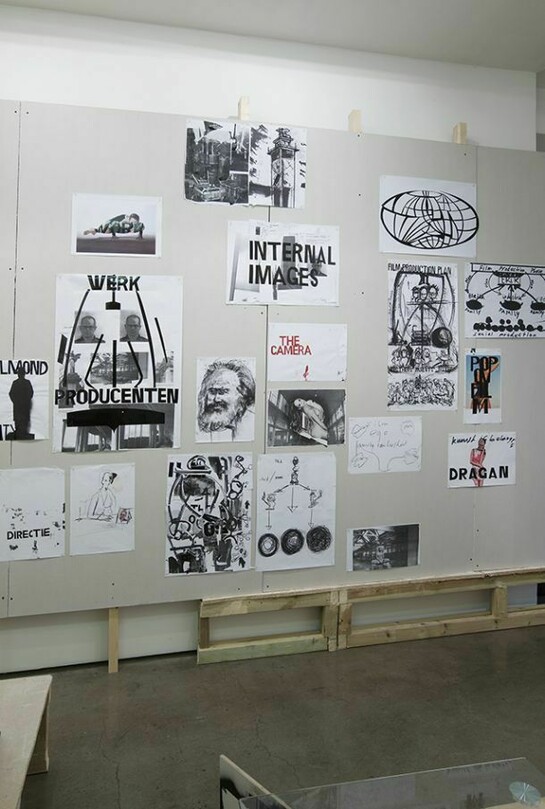 Erik van Lieshout, Film Production Plan, 19 works on paper on plasterboard and wood, 280 x 310 x 12 cm - 110 1/4 x 122 x 4 3/4 inches, 2013-14, © the artist, courtesy Maureen Paley, London