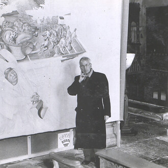 Stanley Spencer with 'Christ Preaching at Cookham Regatta', in Holy Trinity Church 1958. © Stanley Spencer Gallery Archive
