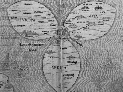 Die gantze Welt in ein Kleberblatt by Heinrich Bünting, 1581. Bünting sought to honour his hometown of Hannover by this clover-leaf 'map of the world. The clover leaf appears on the town's crest. (photographed from The Mapmaker's Art: A History of Cartography by John Goss, pg. 334)