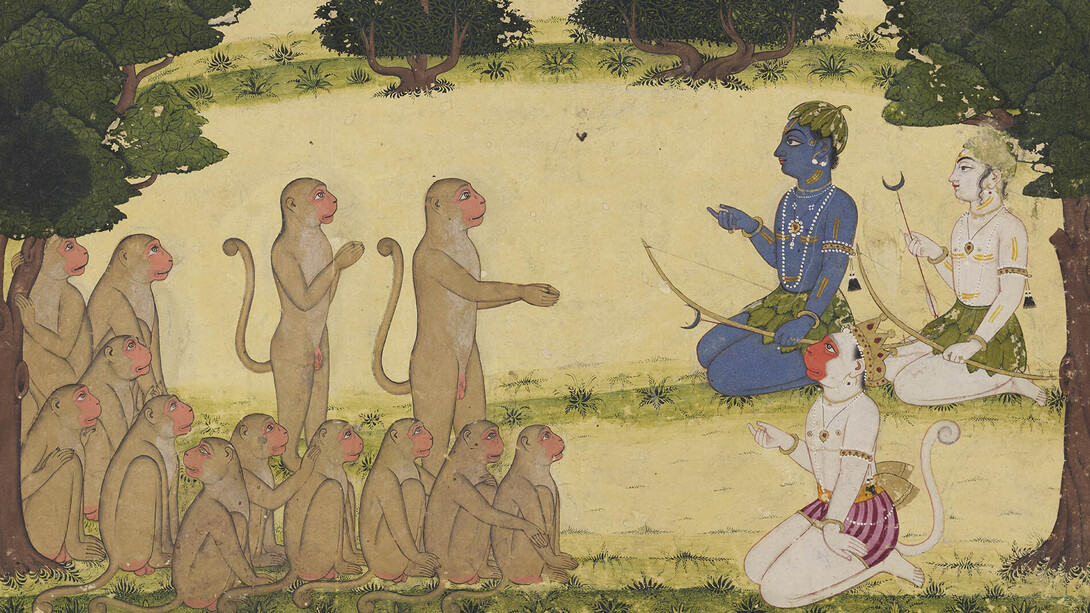 Pandit Seu of Guler, Dadhimukha tells Rama, Lakshmana, and Sugriva of the destruction of Madhuvana, Folio from the “small Guler Ramayana series”, c. 1720. Avec l’aimable autorisation du Musée Rietberg