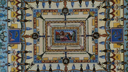 Marco Carloni incise, Vincenzo Brenna e Franciscus Smuglewicz disegnarono, Volta della camera delle Civette, acquaforte acquerellata, Anzio, Biblioteca Clementina