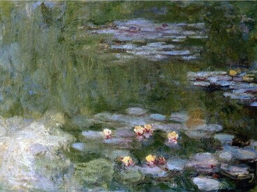 Quando Monet completa 50 anos, suas obras estão vendendo super bem. Com certo capital, decide adquirir algumas terras ao fundo do cercado normando, seu primeiro jardim, que consistia apenas em um pomar bem sem graça — ele se empenha em deixar jeitoso esse jardim, mas seu objetivo nunca é a raridade, mas sim um complexo conjunto de cores. Não é incomum deixarmos de comparar o jardim com uma paleta de artista ou até mesmo com o nosso singelo estojo de lápis de cor quando criança, ainda que humilde