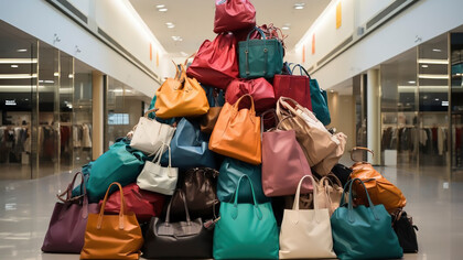 Pile of shopping bags in a mall, illustrating the impact of fast fashion