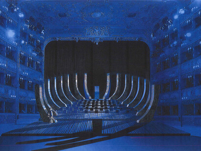 Bozzetto della struttura costruita all’interno della sala e della platea del Teatro La Fenice per ospitare pubblico e orchestra. 