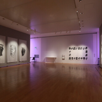 Eugenio Dittborn, Historias del rostro, vista de exhibición. Cortesía del Museo Nacional de Bellas Artes 
